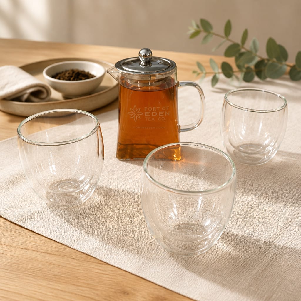 Glass teapot with double wall tea cups