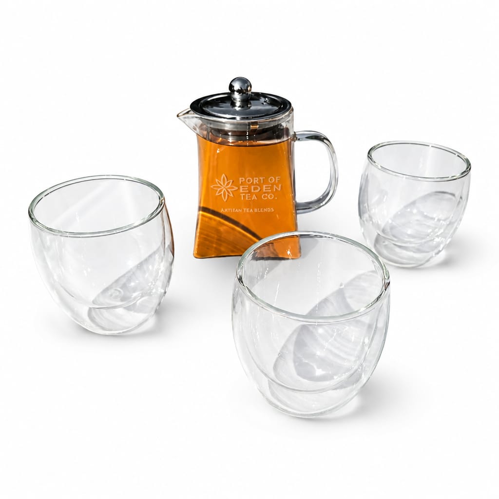 Glass teapot with double wall tea cups